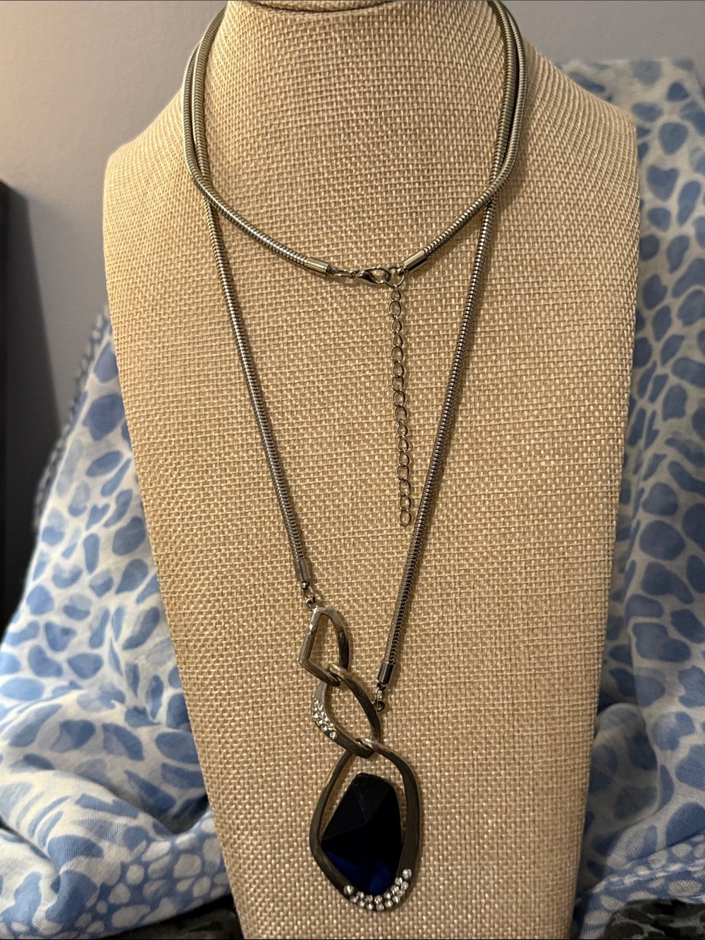 Silver-Tone Layered Necklace with Deep Sapphire Blue Pendant